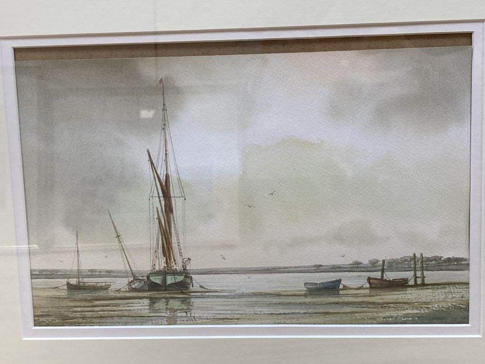 Alan Whitehead, three watercolours, Brick Wharves near Milton, Funton Moorings and Evening by the River Deben, all signed, 22.5 x 34.5c